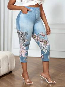 SHEIN VCAY 女式大码花卉图案蓝色牛仔裤 女式紧身裤 女式慢跑裤 女式高腰牛仔裤 秋季女装 - 淺色水洗藍 - 查看 1