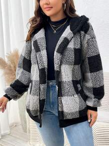 SHEIN LUNE 冬季大码休闲格子羊毛连帽大衣 - 彩色 - 查看 6