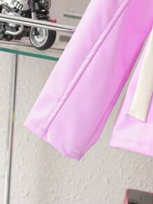 Girls Casual Pink & White Contrast Color Printed PU Leather Jacket, Autumn