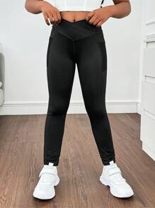 SHEIN Tween Girls Minimalist Comfy Casual Sports Waist Phone Pocket Tight Leggings - Black - View 7