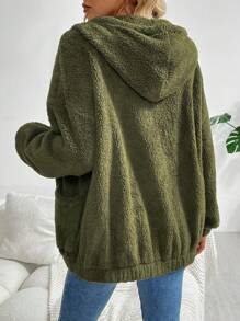 SHEIN LUNE Chaqueta con cremallera con capucha de forro polar verde del ejército para mujer, cálida y cómoda - Verde militar - Ver 2
