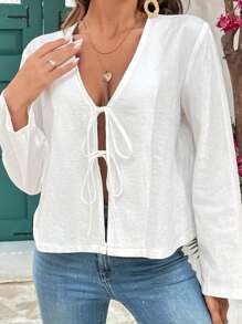 SHEIN VCAY Plus實心打結前掛肩膀襯衫 - 白色 - 查看 5