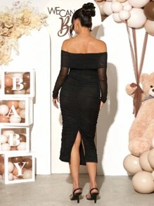 Loomaby Maternity Gender Reveal Dress Off-Shoulder Long Sleeve Ruched Elegant Dress For Baby Shower Party