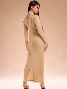 SHEIN SXY 高领长袖紧身秋季连衣裙，适合秋季女士服装 - 卡其色 - 查看 2