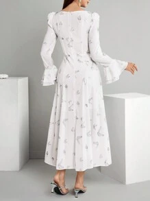 Modelyn Vestido elegante de manga de campana con escote de corazón, decoración de perlas falsas y estampado de mariposas, vestidos de noche largos de primavera y verano