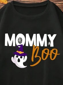 4pcs Family Matching Halloween Outfits, Women Black Ghost Pattern Fleece Sweatshirt, Casual Mommy And Me Sets (Sold Separately) Pullover Fall Outfit - Black - View 5