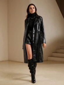 Anewsta معطف ترينش صناعي أنيق ذو طوق للنساء - الأسود - مشاهدة 3