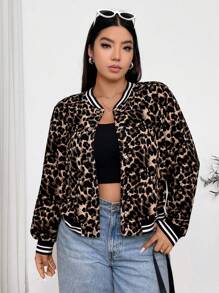 SHEIN EZwear Plus Size Women's Leopard Print Short Jacket Coat For Autumn Winter - Multicolor - View 1