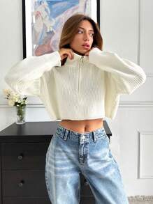 RueChic Women's Casual Loose Fit Zip-Up Ribbed Knit Sweater, Autumn/Winter - White - View 4