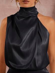 L'Amorae 不对称立领垂褶缎面连身裤