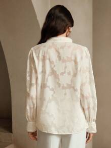 Anewsta Women's Elegant Material Splice Sheer Jacquard Stand Collar Blouse Women Shirt,Long Sleeve Tops