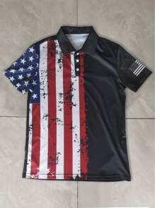 Genlund Men's Button-Up Star Striped National Flag Print Short Sleeve Slim Fit Casual Polo Shirt - Multicolor - View 1