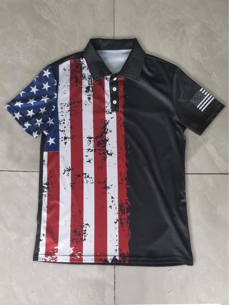 Genlund Men's Button-Up Star Striped National Flag Print Short Sleeve Slim Fit Casual Polo Shirt - Multicolor - View 1