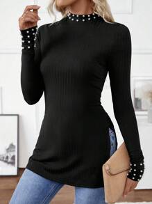 SHEIN LUNE Damen Herbst/Winter schmal geschnittenes Langarm Rollkragen T-Shirt mit Perlen Verzierung - Schwarz - Übersicht 7