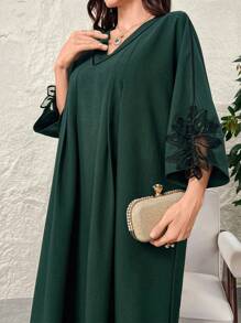 Al Najma Women's Elegant Floral Embroidered Batwing Sleeve Modest Arabian Dress, Spring Summer, Kaftan & Jalabiya - Dark Green - View 4