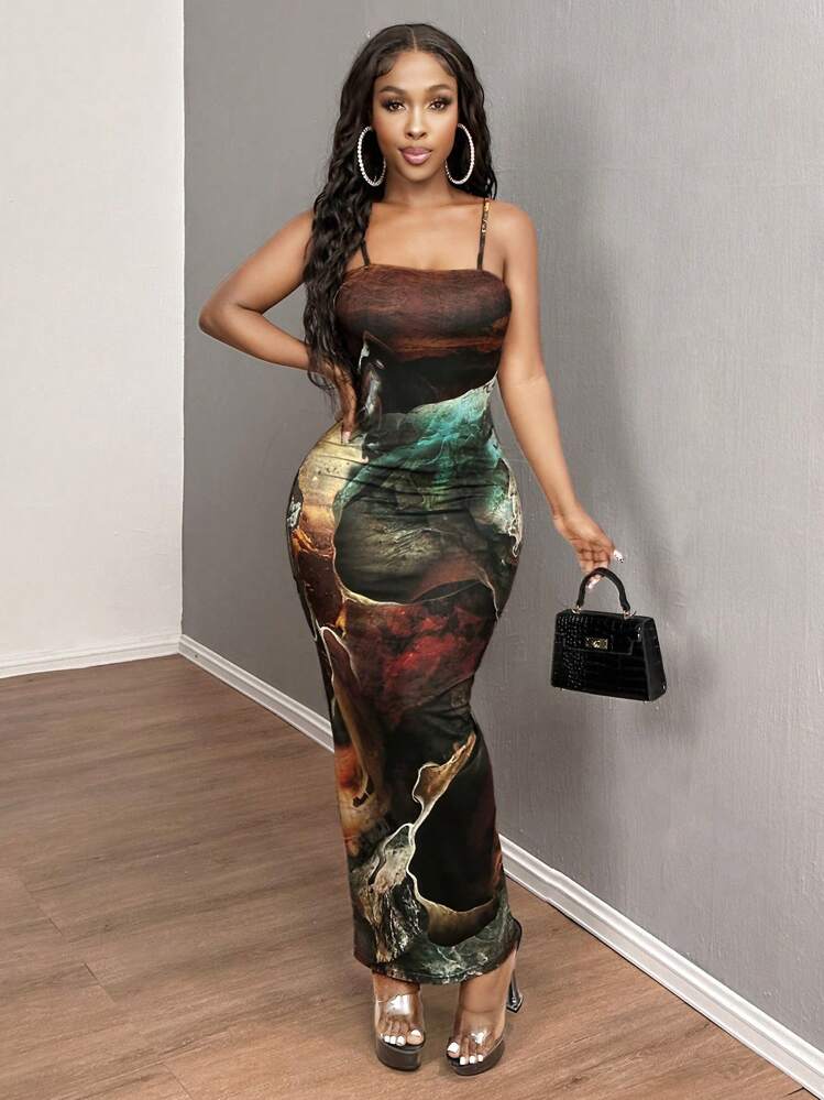 SHEIN SXY Elegant Sexy Fitted Maxi Marble Print Cami Dress