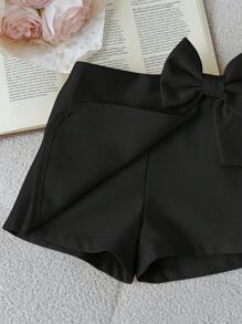 SHEIN Leap Crew Baby Girls Casual Versatile Solid Color Asymmetric Detachable Bow Elastic Waist Black Skirt - Black - View 6