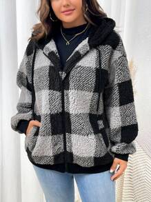 SHEIN LUNE 冬季大码休闲格子羊毛连帽大衣 - 彩色 - 查看 7