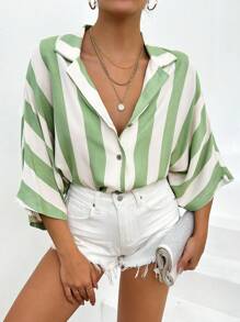 EURMUSE 100%Cotton Women's Batwing Sleeve Striped Shirt - Green - View 4