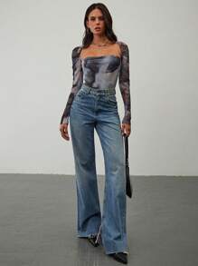 Aloruh Damen neu eingetroffener sexy, Bodysuit mit Blume Muster, hohem Kragen und enganliegender Form für Büro und Lässig, Herbst-Winter