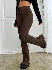 Muchica Women Solid Color Belted Flared Casual Knit Top And Pants Set In Fall/Winter - Chocolate Brown - View 3