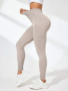 Quần legging thể hình lưng cao màu trơn dành cho nữ - màu nâu - Xem 2