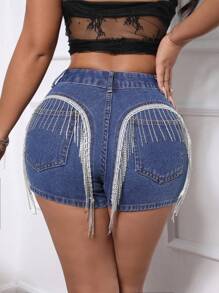 SHEIN SXY Rhinestone Tassel Decorated Slim Fit Denim Shorts - Blue - View 2