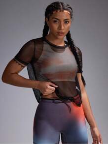 Powerista 1 pieza Camiseta deportiva de mujer de cuello redondo, manga corta, unicolor, de malla para gimnasio