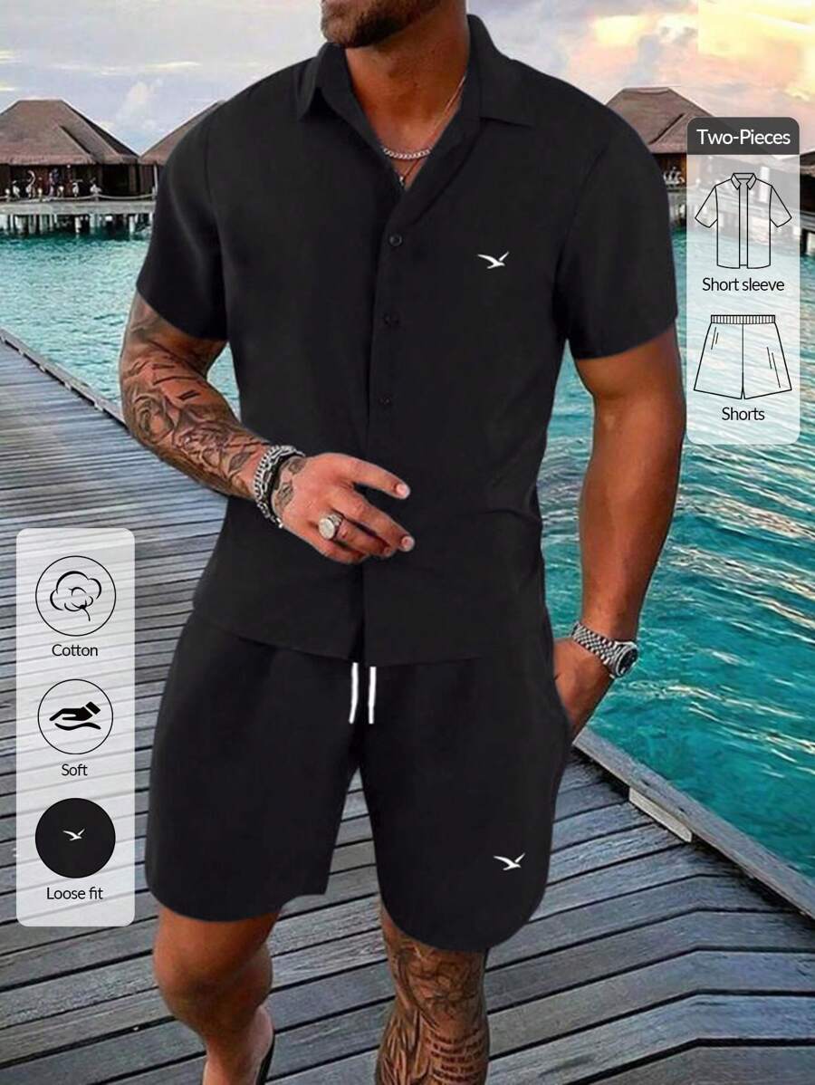 RueChic Chemise régulière à manches courtes à broderie pour hommes et short, ensemble deux-pièces