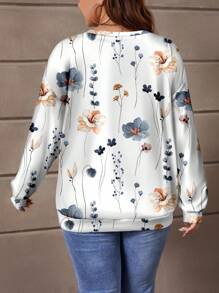EMERY ROSE Plus Size Women Floral Print Long Sleeve Loose Fit Pullover Sweatshirt, Fall/Winter Autumn - White - View 2