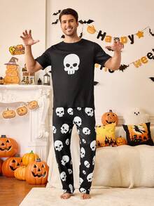 Juego de pijama cómodo con patrón de calavera para hombres, que combina con la familia para Halloween - Negro - Ver 4