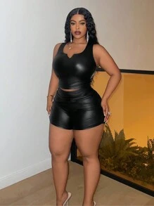 Slaydiva Plus Size Lato Casual Prosty Ulica Motocykl Muzyka Festiwal U-Neck Bez Rękawów Czarny PU Tank Top - Czarne - Zobacz 4