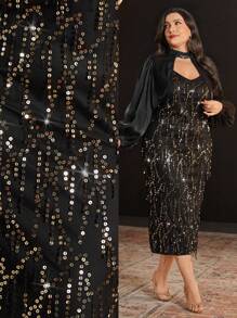 Modelyn Plus Size Sequined Spaghetti Strap Dress With A Lantern Sleeve Jacket Set 2 Piece Set