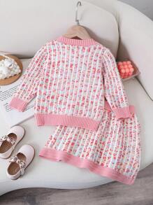 2pcs/Set Young Girls Floral Print Casual Long Sleeve Cardigan And Mini Skirt, Suitable For Daily Wear, School And Outings, Applicable For Autumn/Winter Seasons - Pink - View 2