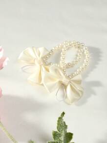 SHEIN 新生嬰兒女寶寶攝影道具配件珍珠蝴蝶結鞋飾 - 米色 - 查看 2