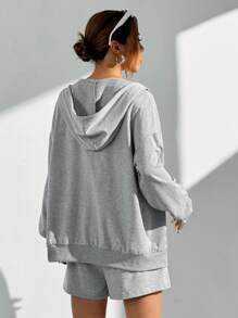 SHEIN EZwear 3pcs/Set Women Casual Dropped Shoulder Hooded Sweatshirt, Tank Top And Shorts Sportswear Set, Spring & Autumn - Grey - View 2