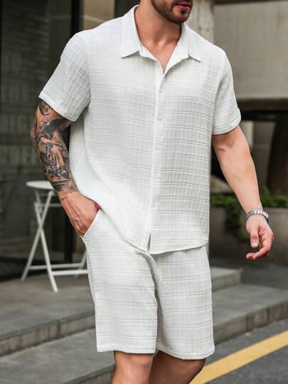 Manfinity Homme Plus Size 2pcs Men's Solid Color Short Sleeve Button-Up Shirt And Shorts Casual Suit, Summer