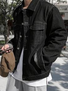 DAZY Men's Solid Color Denim Jacket, Autumn - Black - View 1