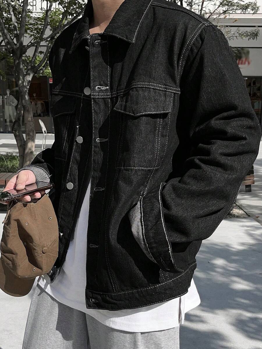 DAZY Men's Solid Color Denim Jacket, Autumn - Black - View 1