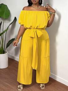 Slaydiva 2 piezas Conjunto de top corto casual con hombros descubiertos y pantalón de pierna recta talla grande, verano, amarillo - Amarillo - Ver 6