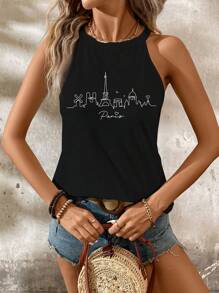 SHEIN LUNE Áo yếm cổ tròn in chữ thành phố Paris thường ngày cho nữ, thích hợp cho mùa hè - màu đen - Xem 4