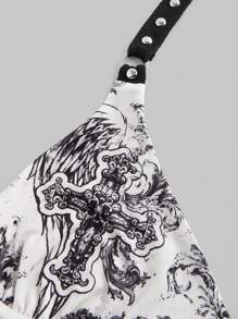 ROMWE Grunge Punk Punk-Stil Damen Crop Top mit Skelett, Kreuz und Rose Nieten-Träger