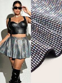 SHEIN ICON Plus Fold Pleated Sequin Flare Skirt - Silver - View 1