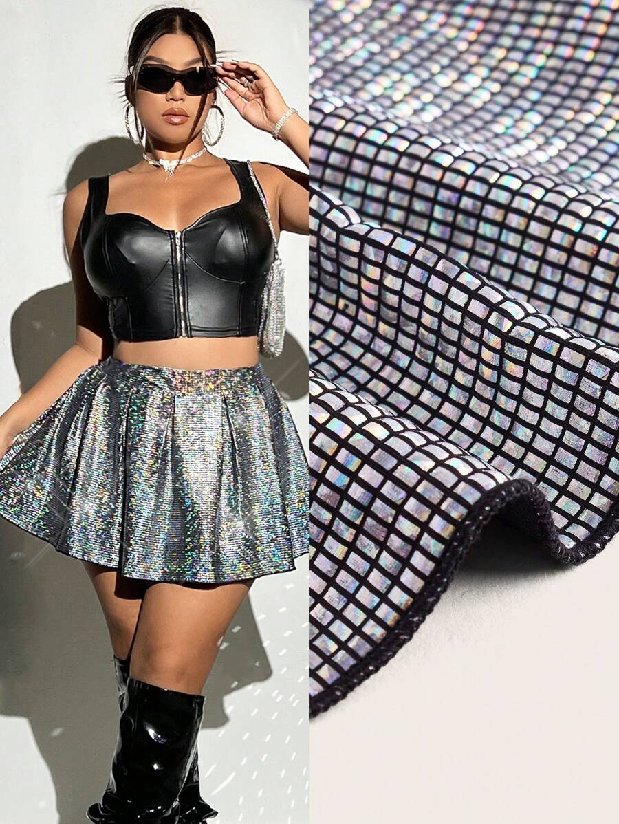 SHEIN ICON Plus Fold Pleated Sequin Flare Skirt - Silver - View 1