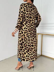SHEIN Clasi 女士豹纹拼布长袖休闲开衫 - 卡其色 - 查看 2