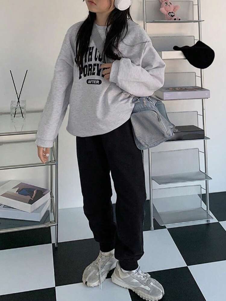 2pcs Tween Girl Knitted Fleece Letter Print Sports Set, Fall, Winter