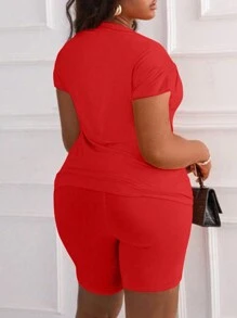 SHEIN 女士純色簡約日常短袖上衣和短褲中空2件套裝，適宜休閒穿著 - 紅色 - 查看 2