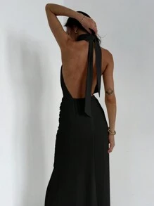 Aloruh Abrikoos Plunge Neck Tie Waist Slit Zoom Jurk, Romantische Dating, Zwarte Jurk