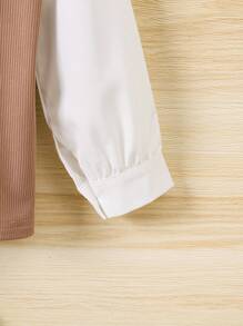 SHEIN 1pc Young Girls Casual Commuter Textured Ribbed Patchwork Elastic Long Sleeve Collared Shirt, Fashion Versatile Stylish & Elegant Suitable For Spring & Autumn Mocha Tops For Baby Girlbrown Tops For Baby Girlmocha Blouse For Young Girl - Multicolor - View 5