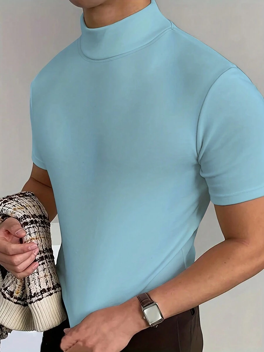 Manfinity Dauomo Áo thun nam tay ngắn cổ đứng màu trơn, mùa hè - Màu xanh nhạt - Xem 1